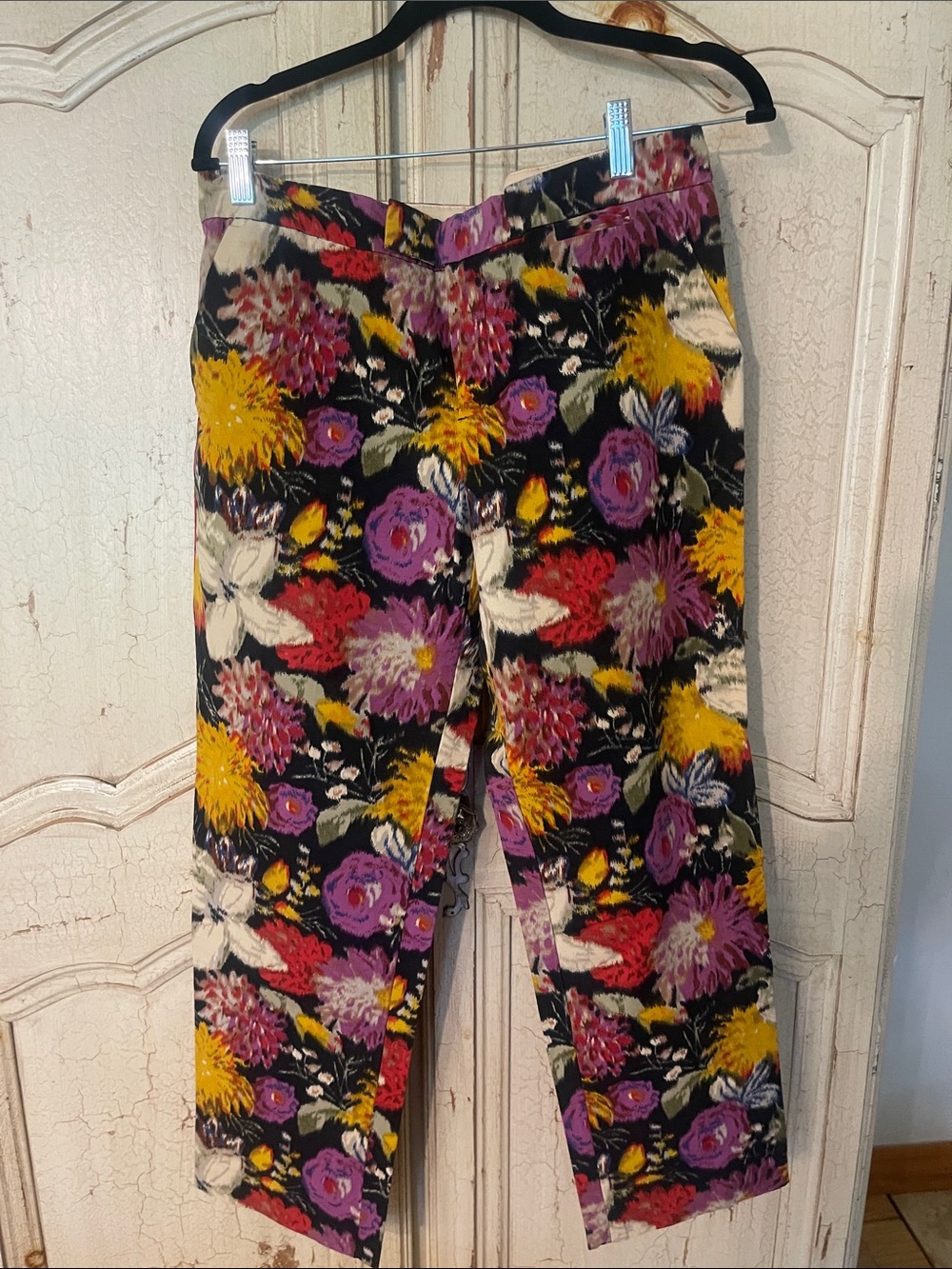 Anthropologie Elevenses Black Floral Pants with Yellow & Purple Blooms